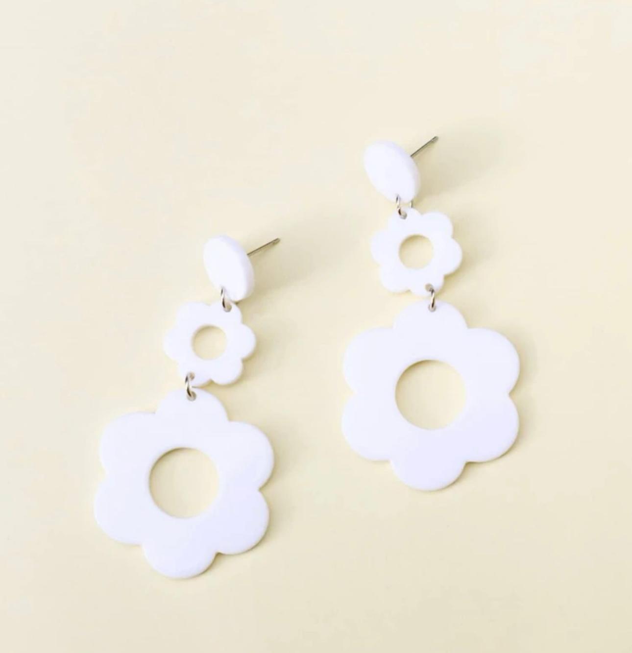 White Flower Pattern Drop Earrings