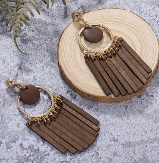 Round Wooden Tassel Drop Earrings