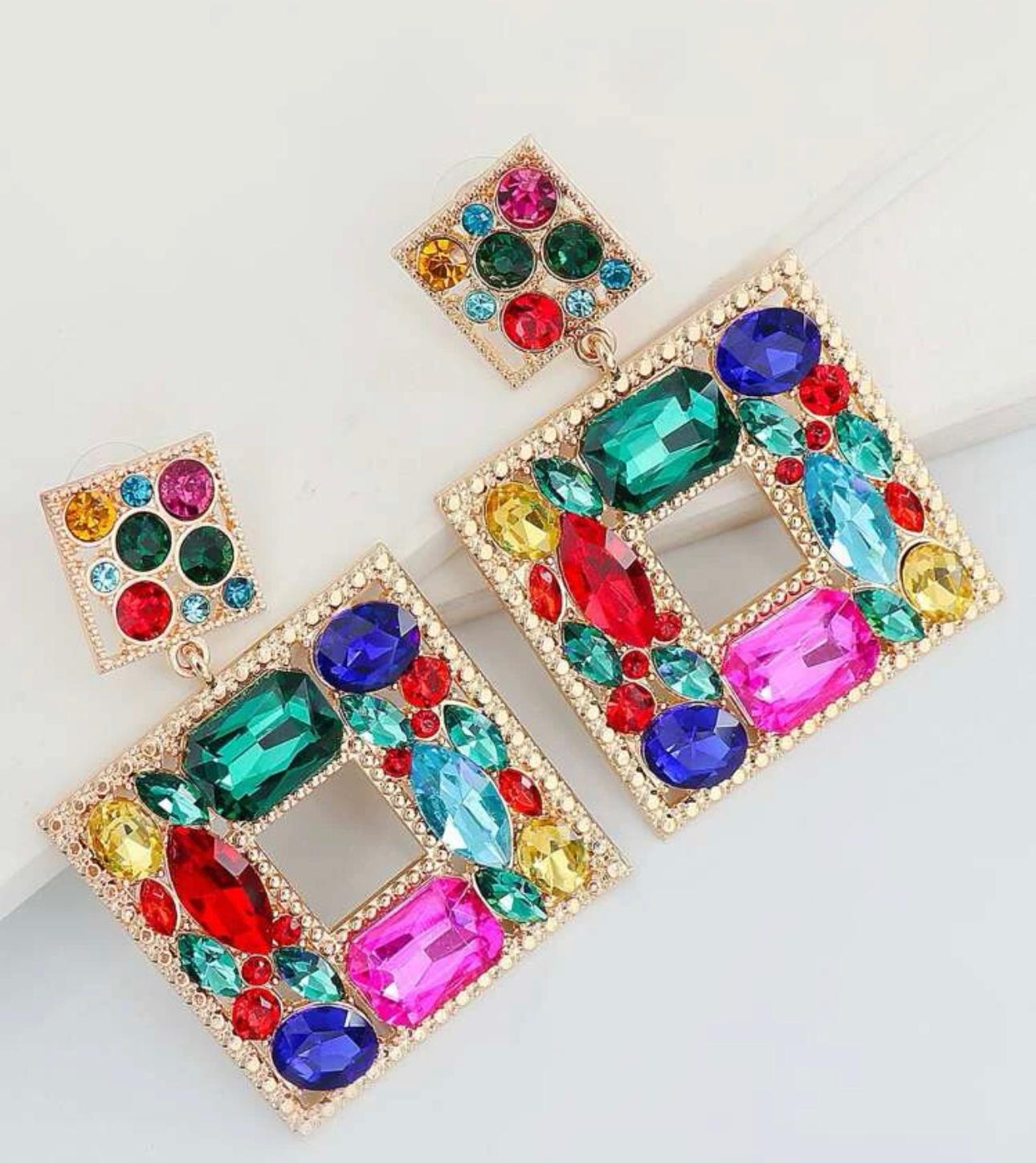 Multi Color Rhinestones Drop Earrings