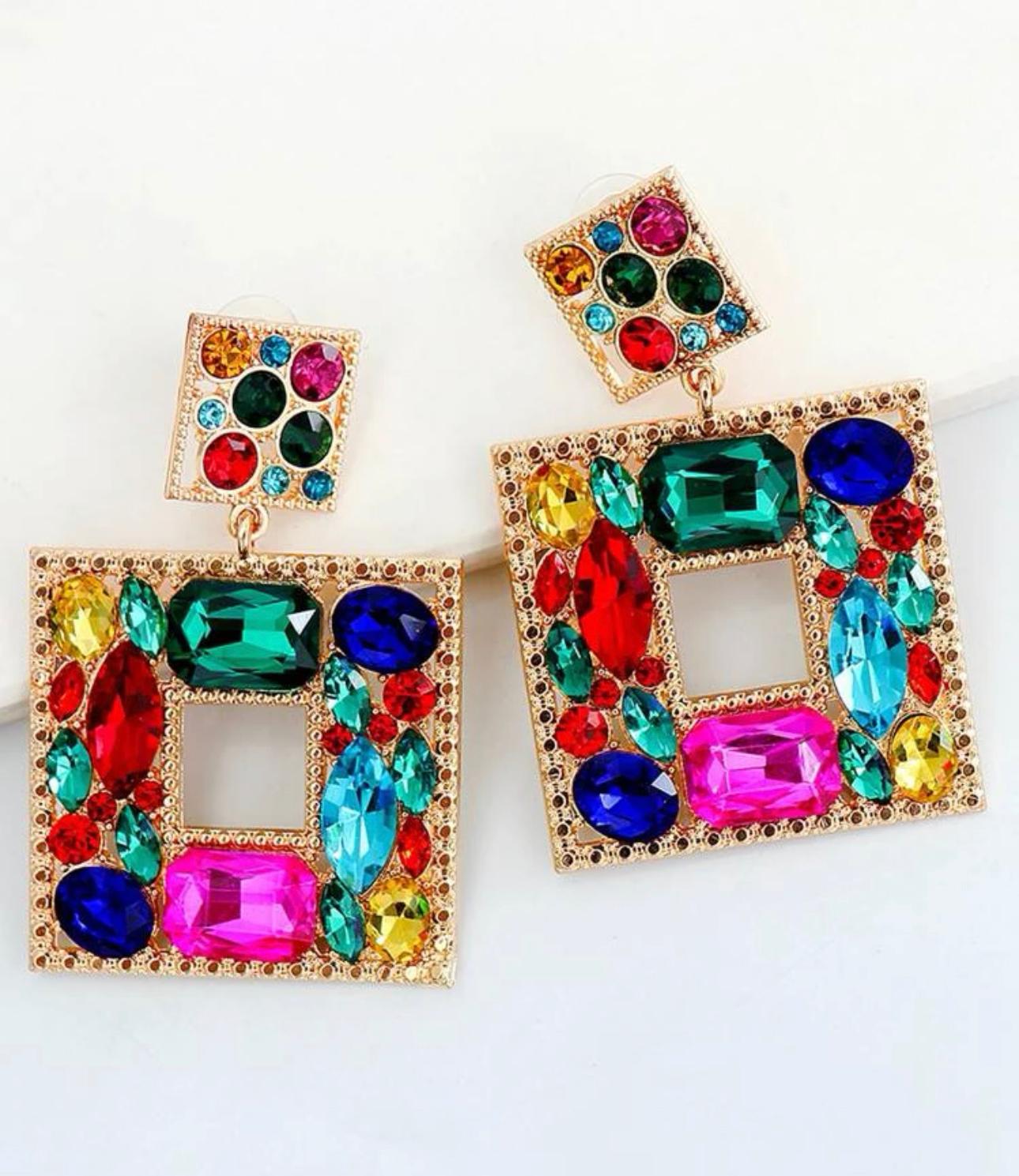 Multi Color Rhinestones Drop Earrings