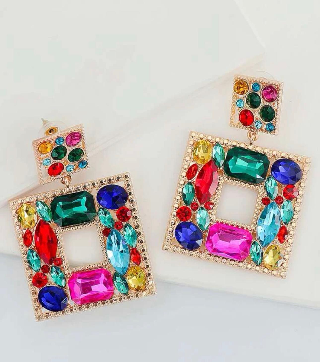 Multi Color Rhinestones Drop Earrings