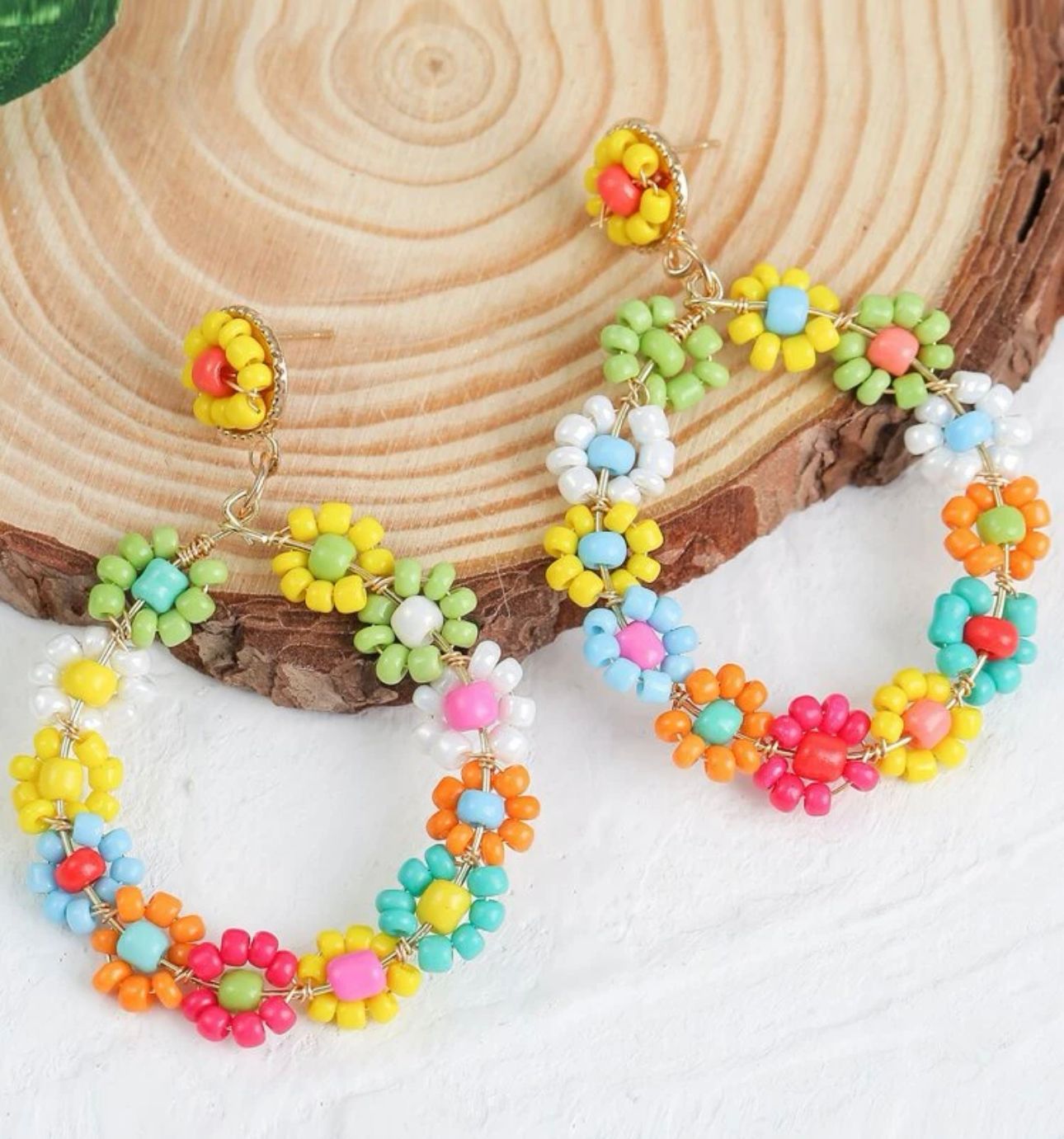 Multi-color Beaded Flower  Drop Earrings 