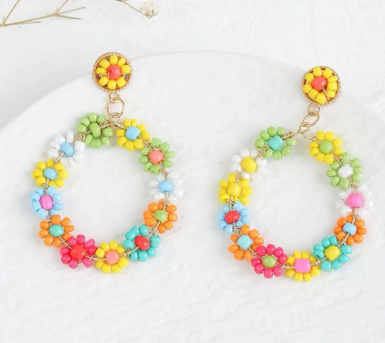 Multi-color Beaded Flower  Drop Earrings 